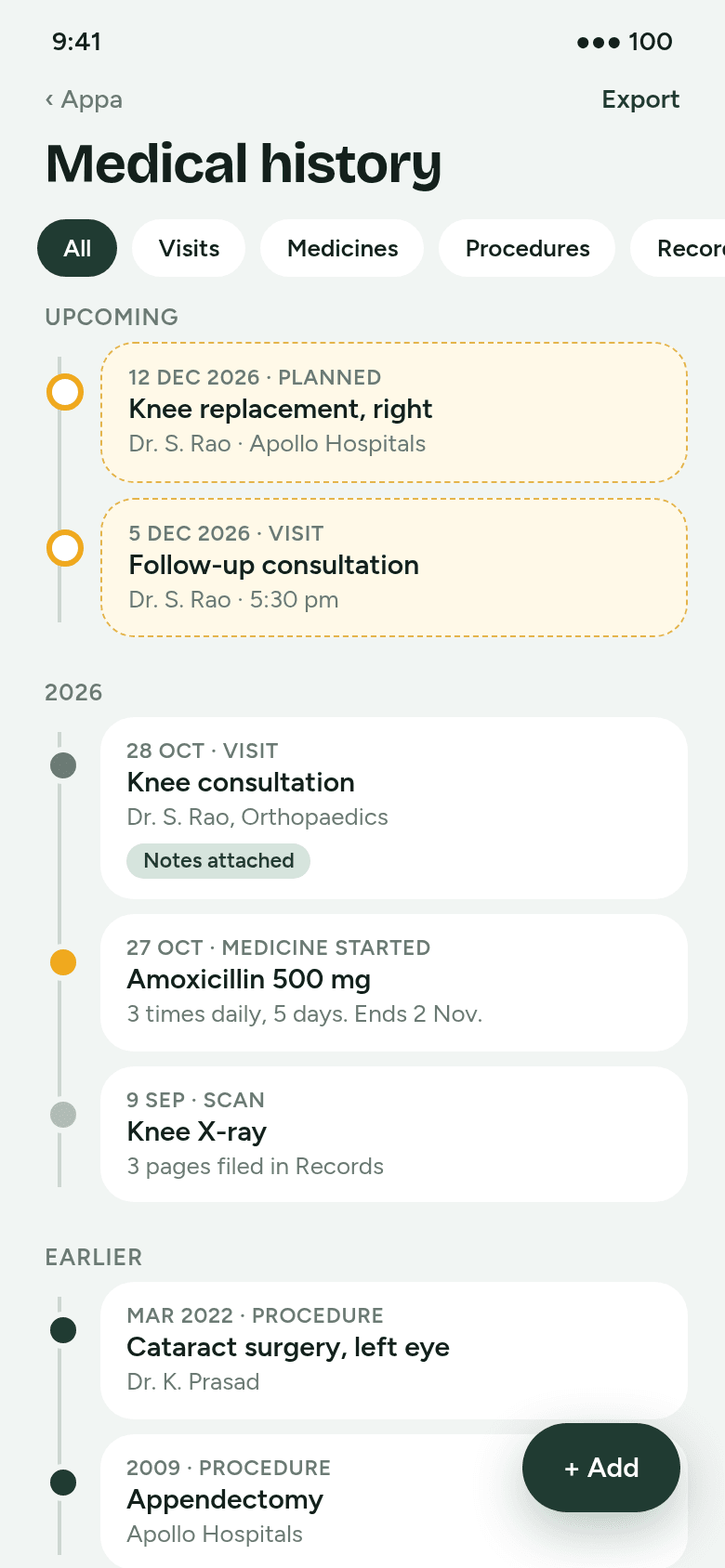 Medical history screen, design preview