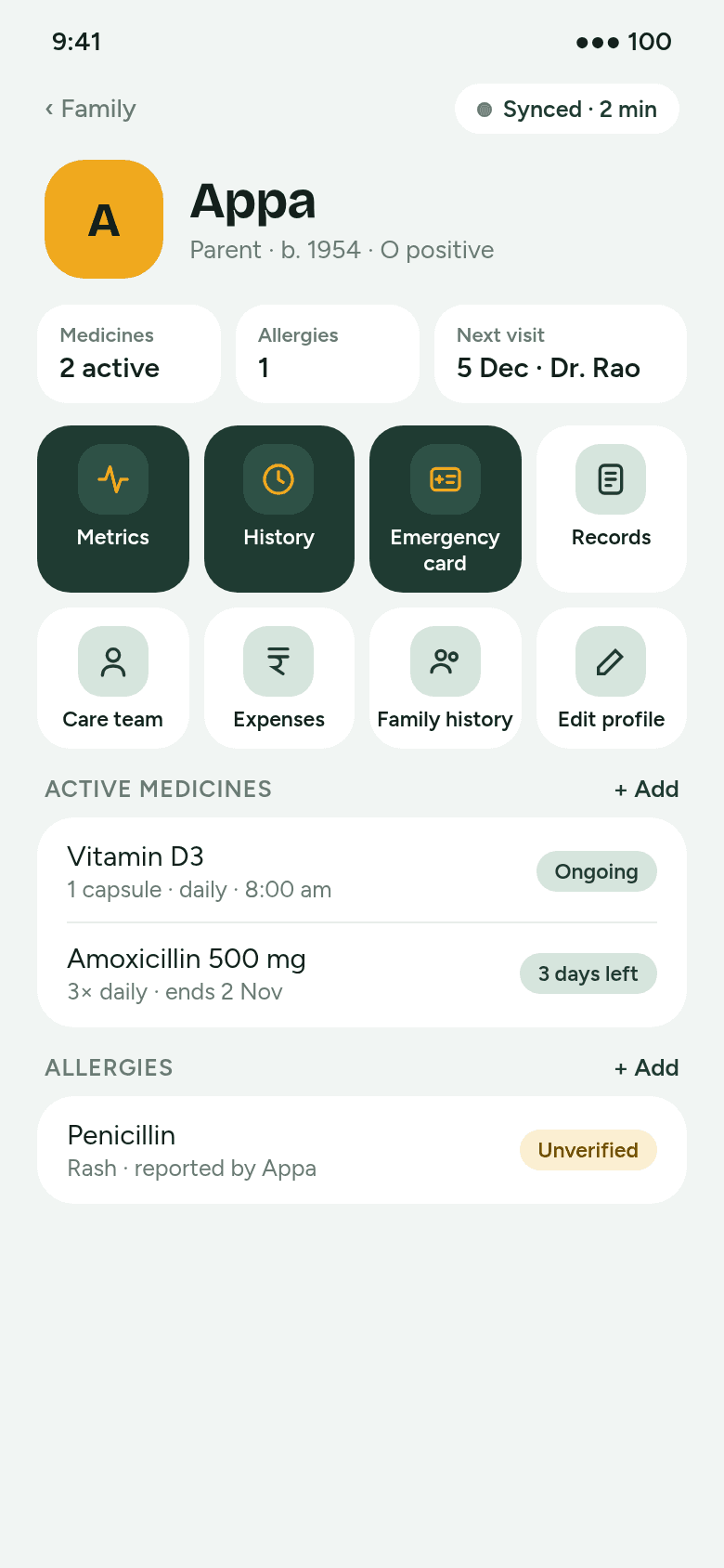 A family profile screen, design preview
